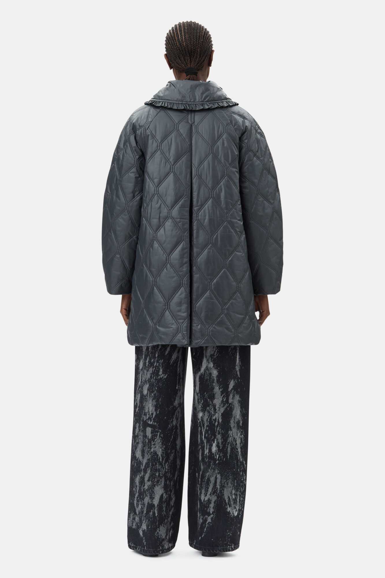 Black Shiny Quilt Midi Jacket, Nylon, in colour Black Sand - 4 - GANNI