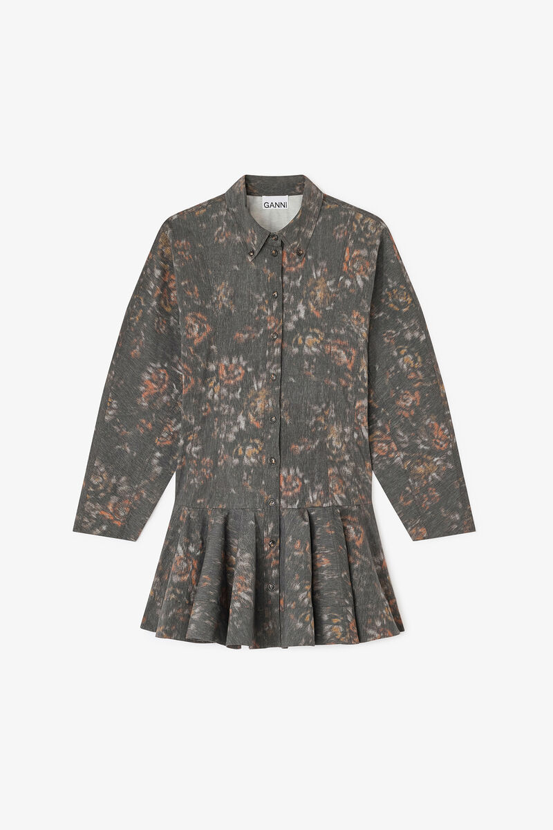 Black Floral Shirt Dress, Organic Cotton, in colour Phantom - 1 - GANNI