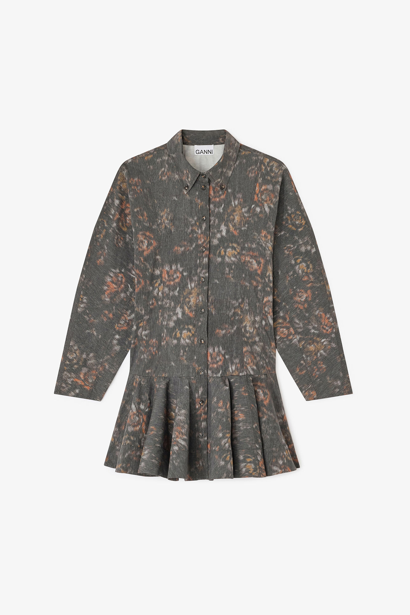 Black Floral Shirt Dress, Organic Cotton, in colour Phantom - 1 - GANNI
