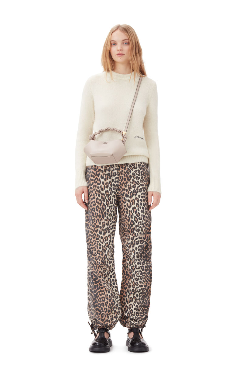 Leopard Washed Cotton Canvas Drawstring Trousers, Elastane, in colour Almond Milk - 1 - GANNI