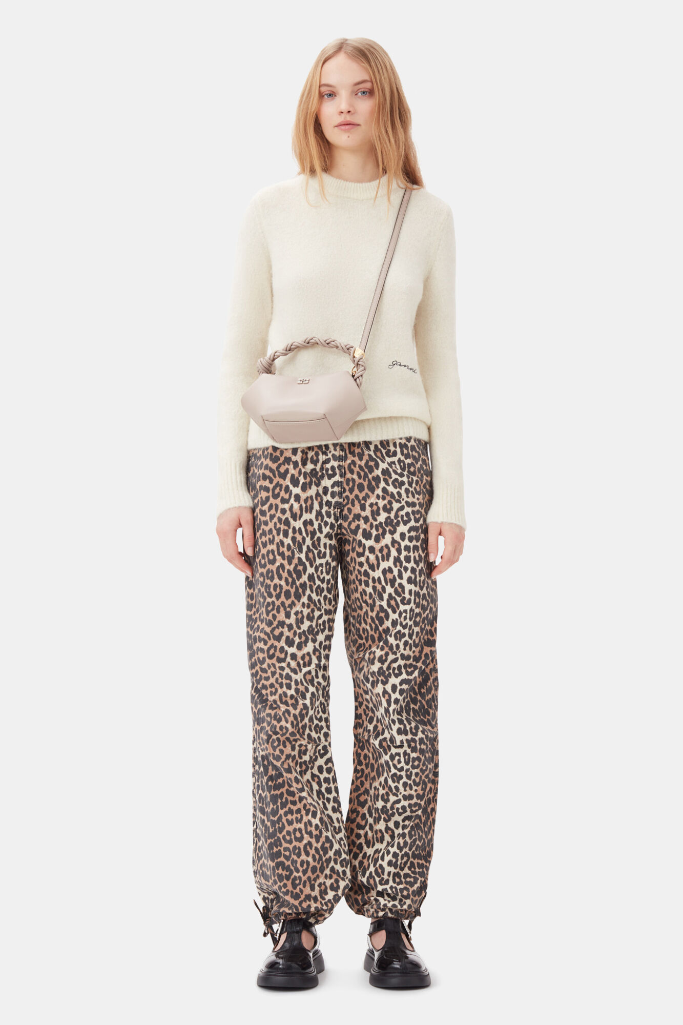 Almond Milk Pantalon Leopard Washed Cotton Canvas Drawstring | GANNI FR