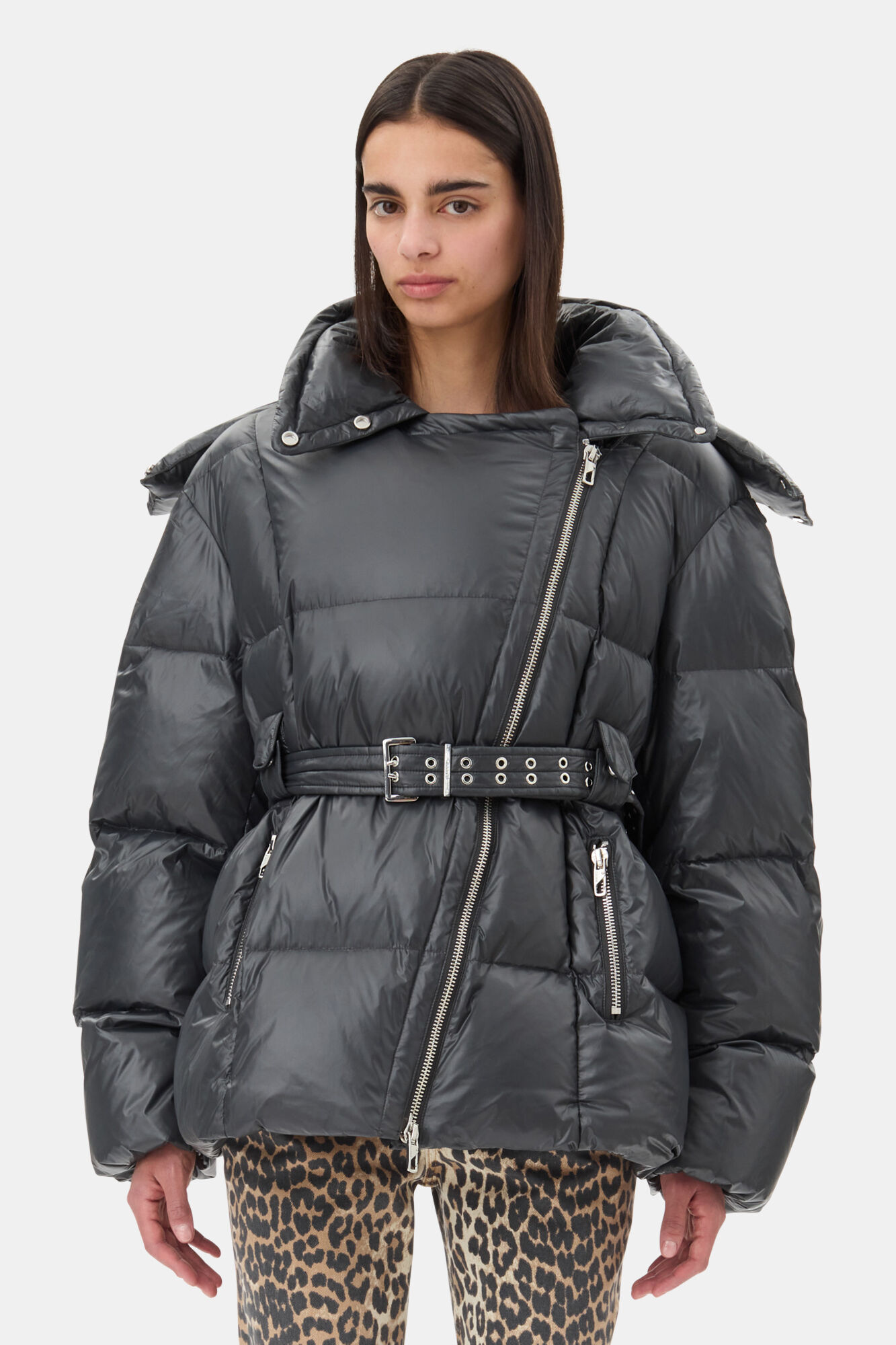 Black Shiny Nylon Puffer Jacket, Nylon, in colour Black Sand - 1 - GANNI
