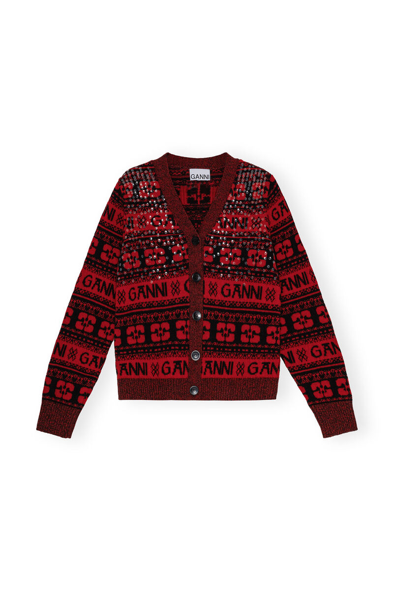 Red Sequins Logo Wool Mix Cardigan, Recycled Polyamide, in colour High Risk Red - 1 - GANNI