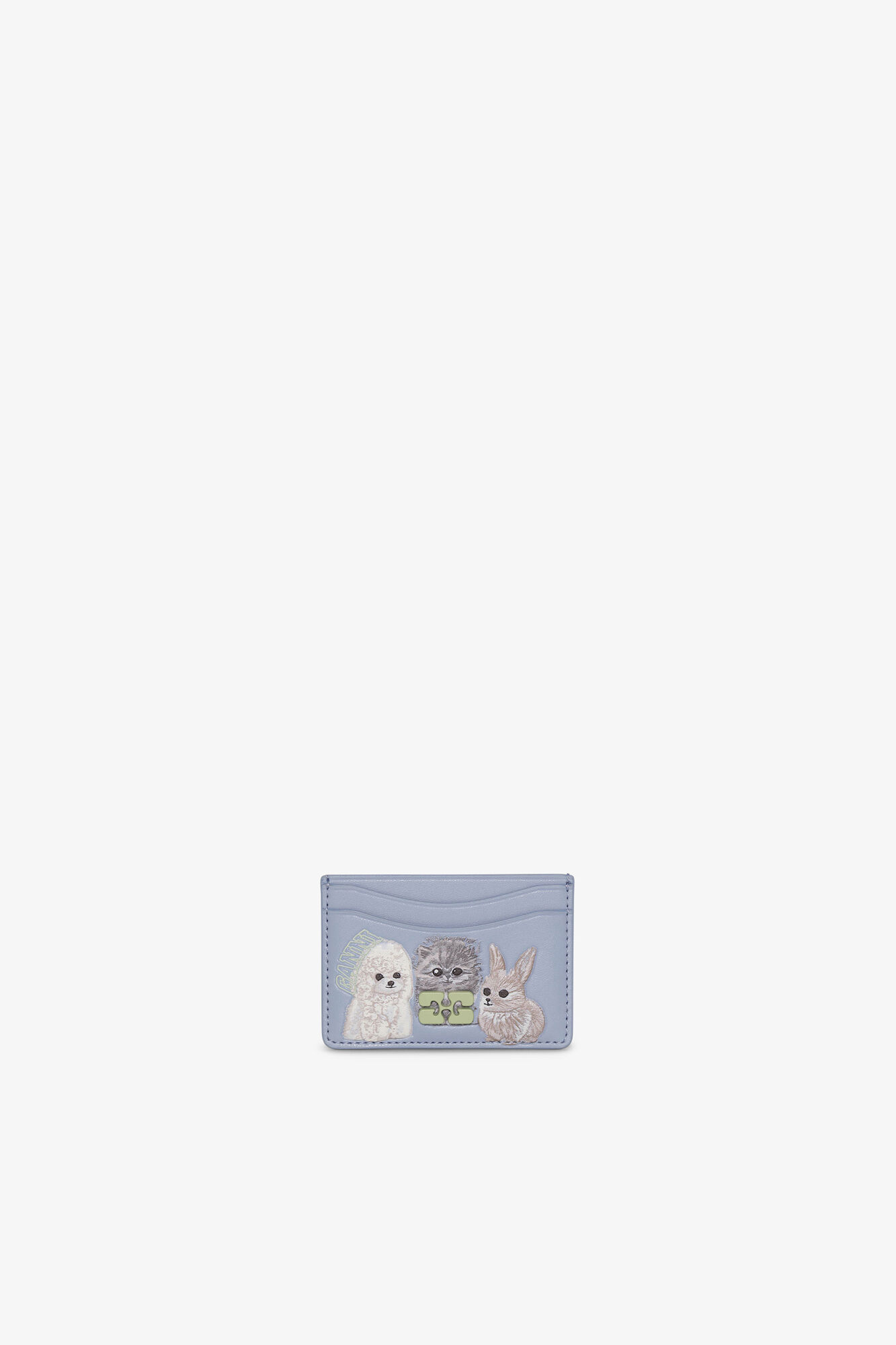 Bou Card Holder in Blue With Flap and Animals, Recycled Leather, in colour Soft Chambray - 1 - GANNI