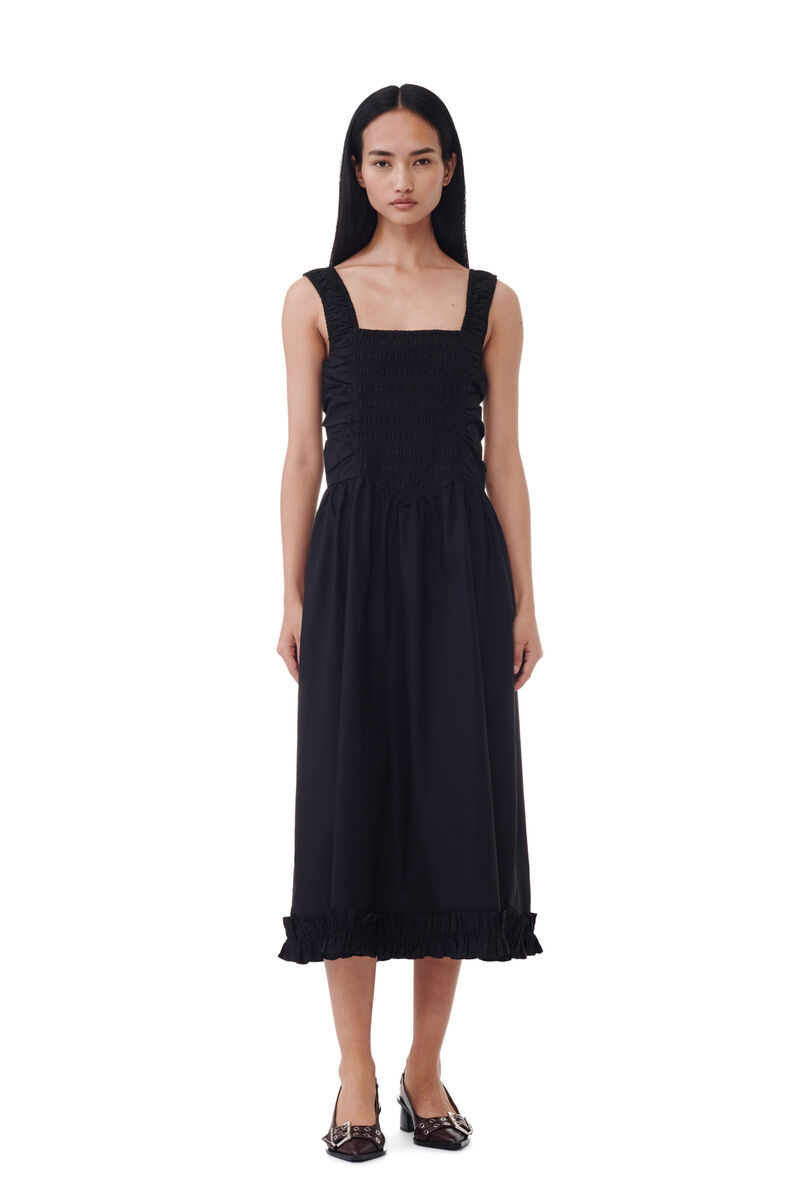 Black Cotton Poplin Midi Strap Smock-kjole, Cotton, in colour Black - 1 - GANNI