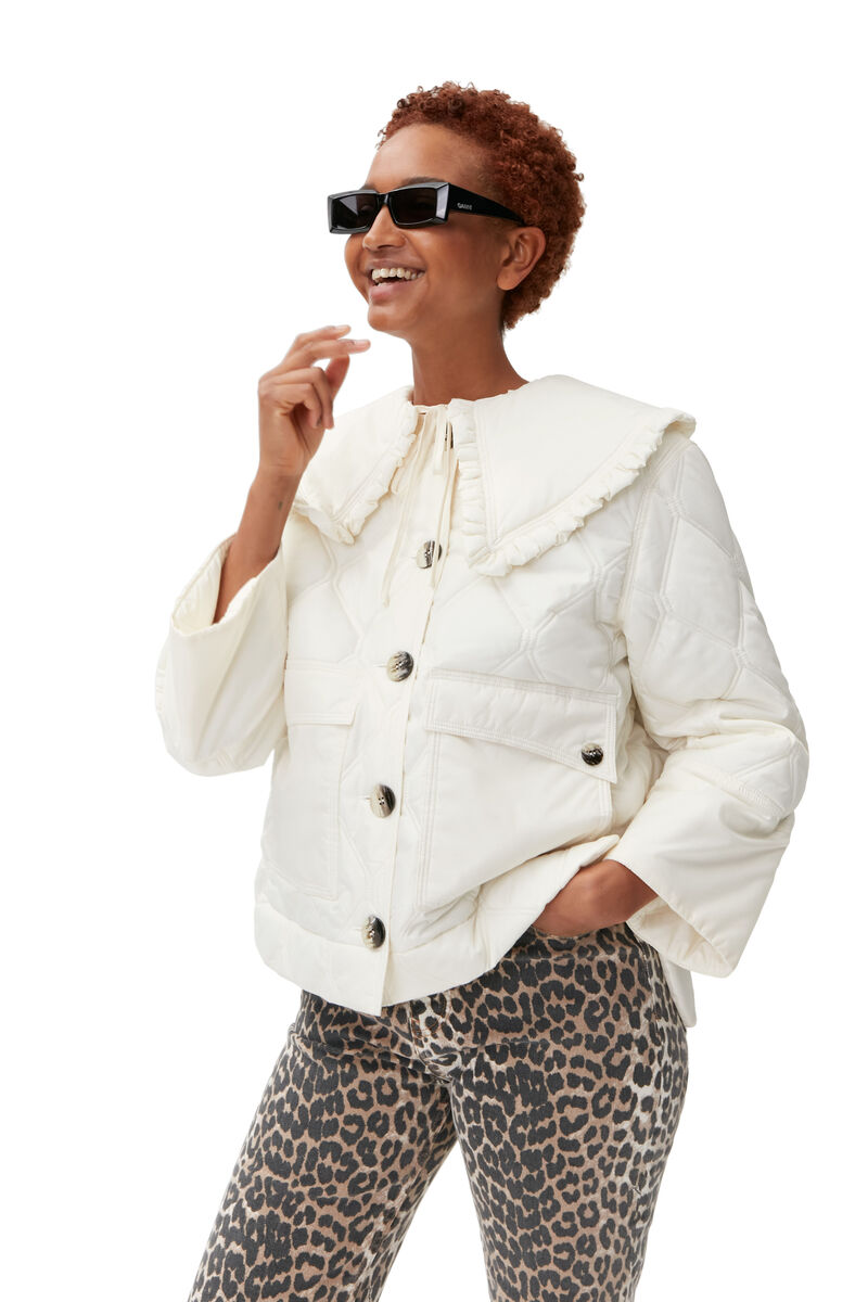 Cropped Ripstop Jacket, Recycled Polyester, in colour Egret - 3 - GANNI