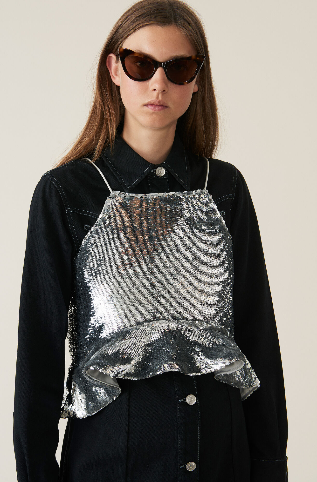 Sequins Top, Silver Sequins Top, Silver, hi-res
