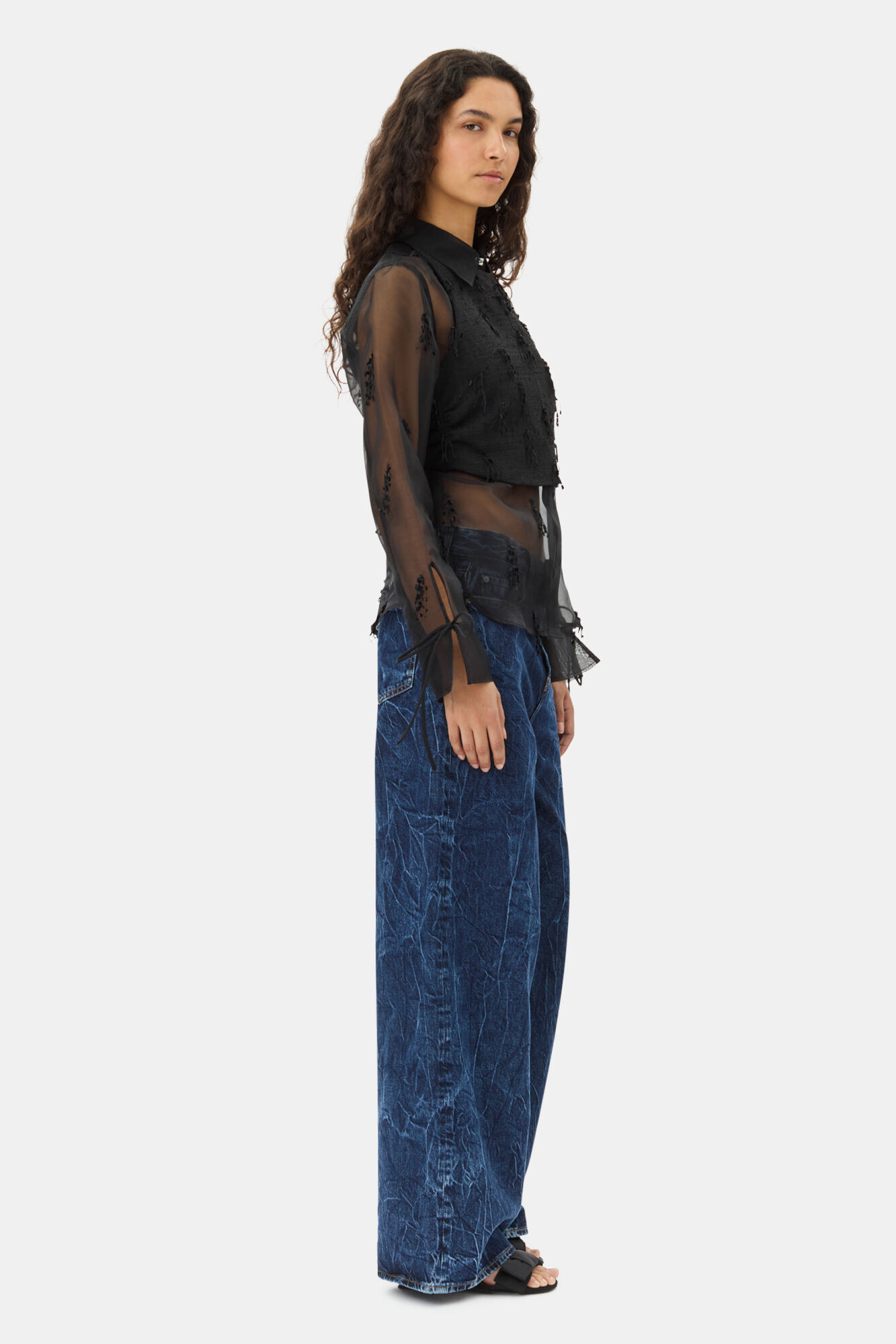 Black Fringed Organza Shirt, Recycled Polyester, in colour Black - 3 - GANNI