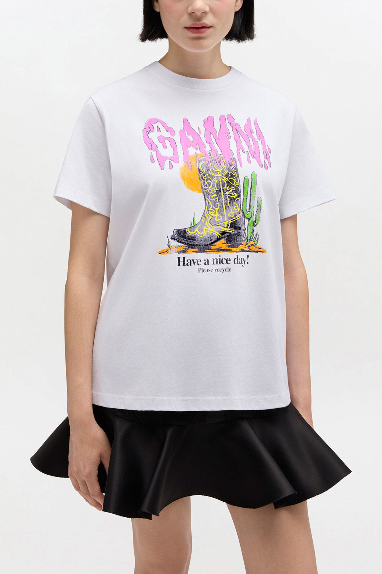 Bright White White Western Boot Print T-shirt | GANNI (Global) MY