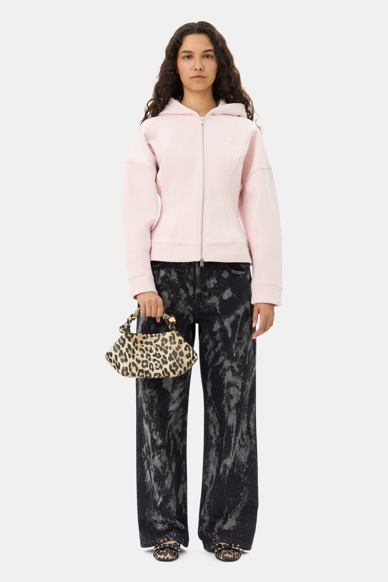 Pink Fleece Zip Hoodie, Cotton, in colour Chalk Pink - 2 - GANNI