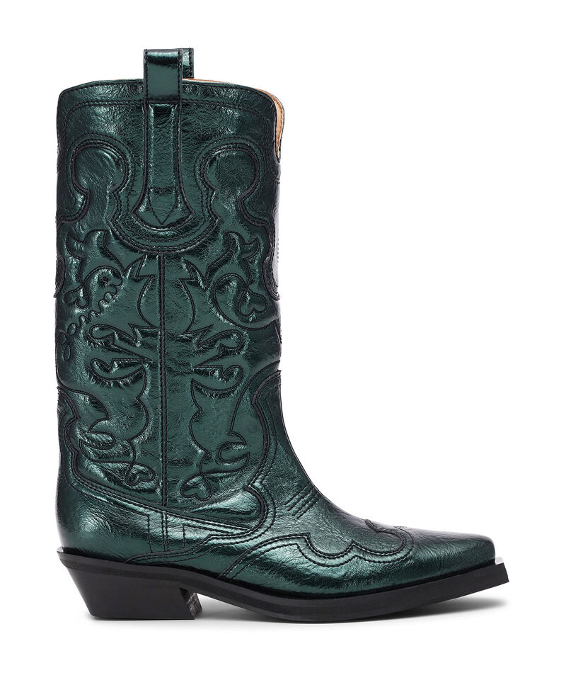 Green Metallic Mid Shaft Embroidered Western Boots, in colour Climbing Ivy - 1 - GANNI