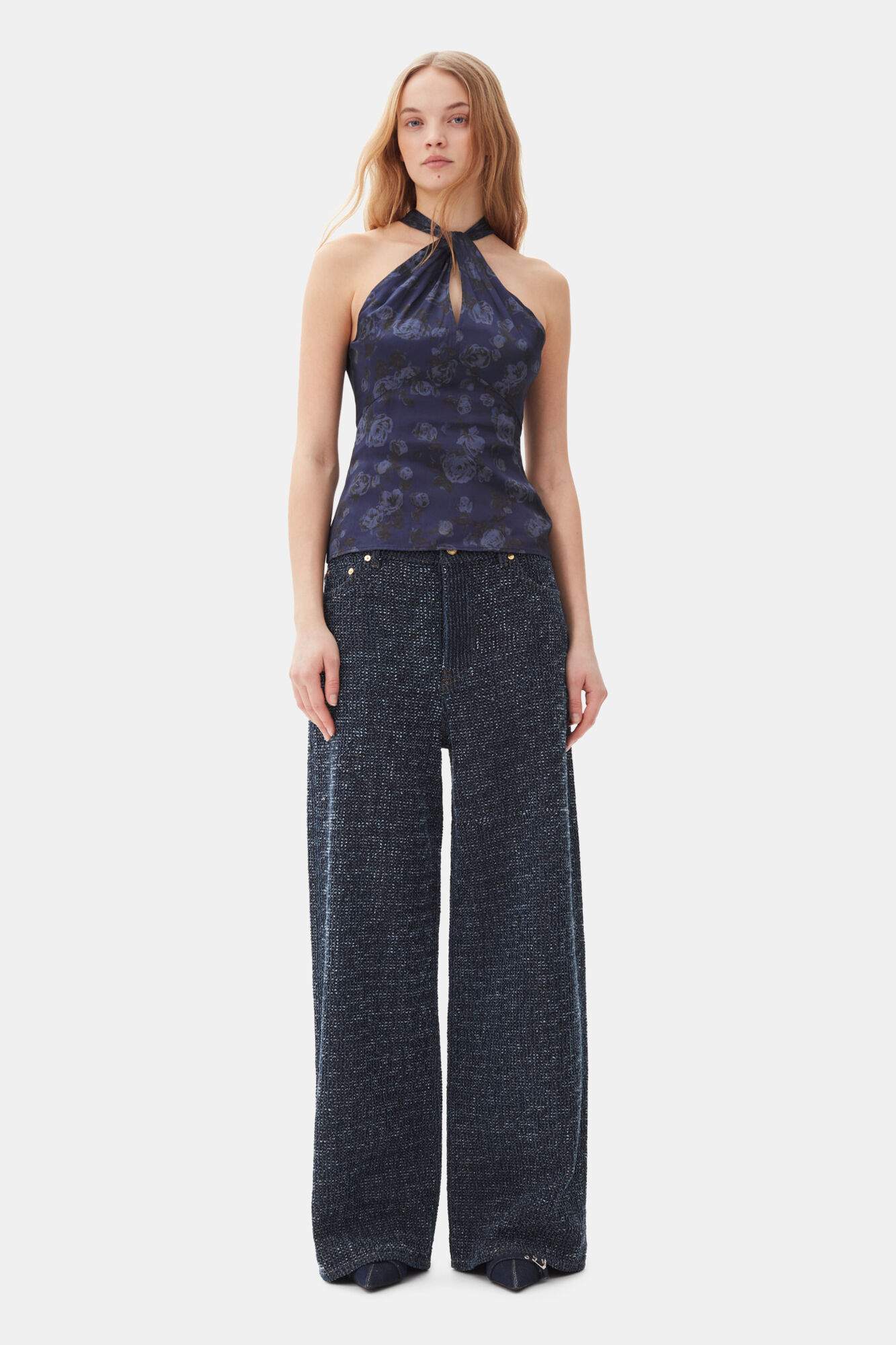 Dark Blue Textured Jeans, Cotton, in colour Rinse - 1 - GANNI