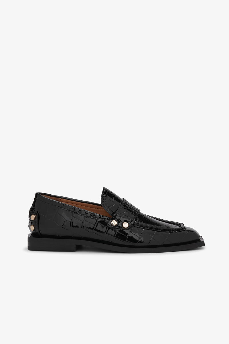 Black Croco Studded Loafers, Polyester, in colour Black - 1 - GANNI