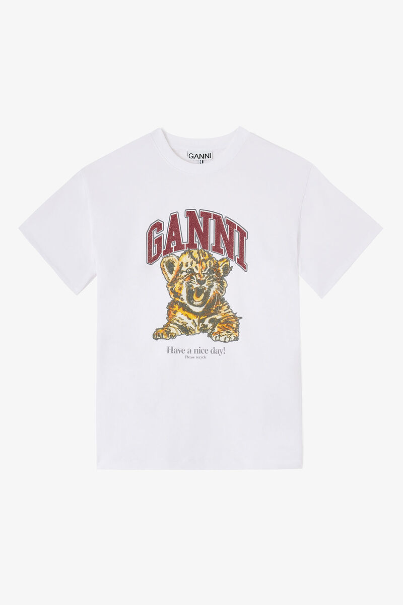 Hvit T-skjorte med perler og tigertrykk, Organic Cotton, in colour Bright White - 1 - GANNI