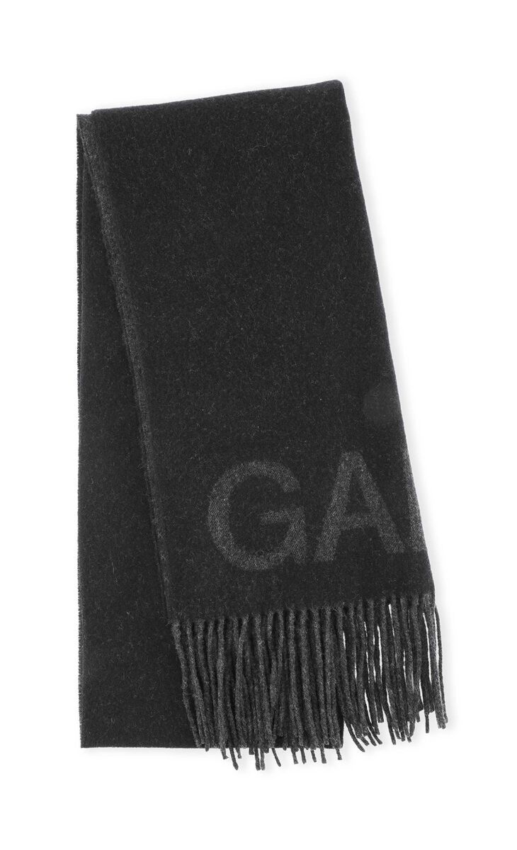 Fringe Logo Scarf, Recycled Wool, in colour Black - 1 - GANNI