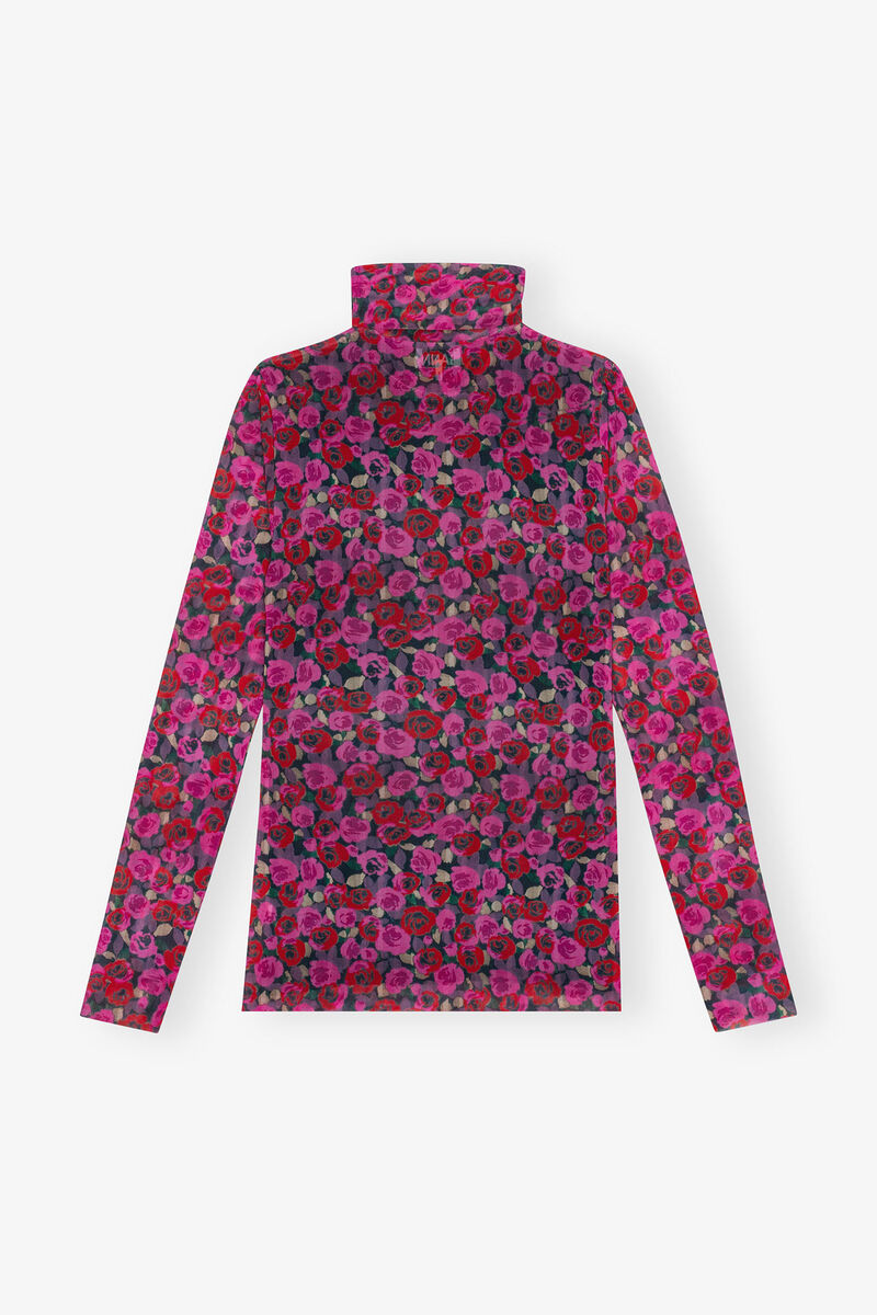 Blouse Floral Mesh Long Sleeve Roll Neck, Recycled Nylon, in colour Fiji Flower - 2 - GANNI