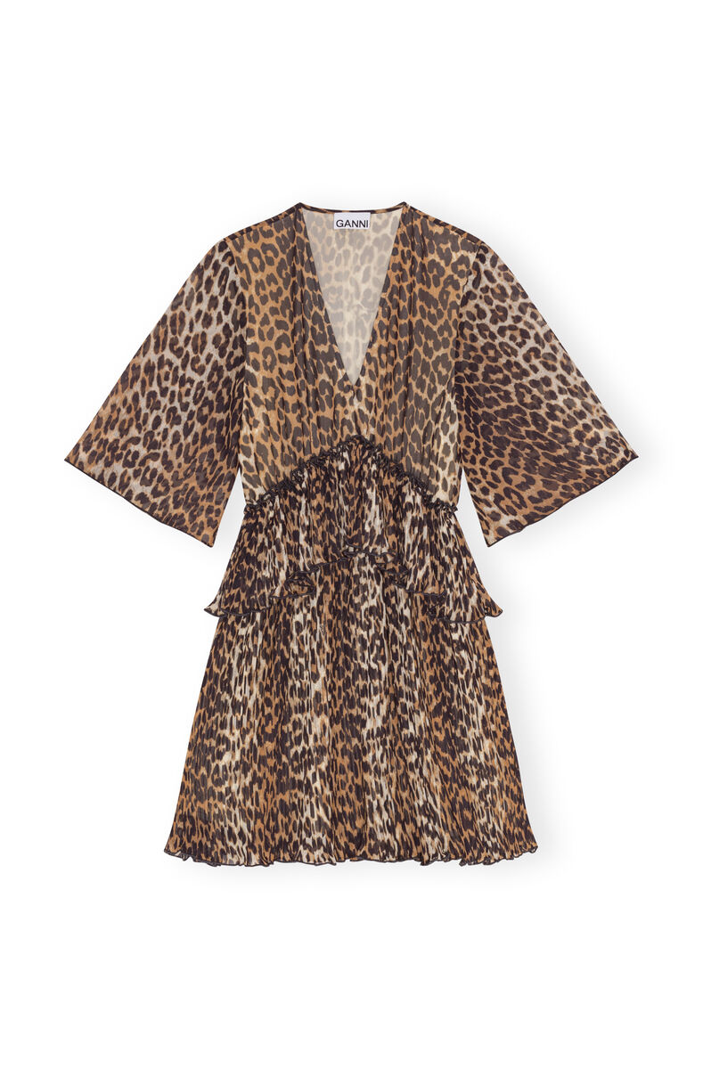 Leopard Pleated Georgette V-neck Flounce Mini Dress, Recycled Polyester, in colour Almond Milk - 1 - GANNI