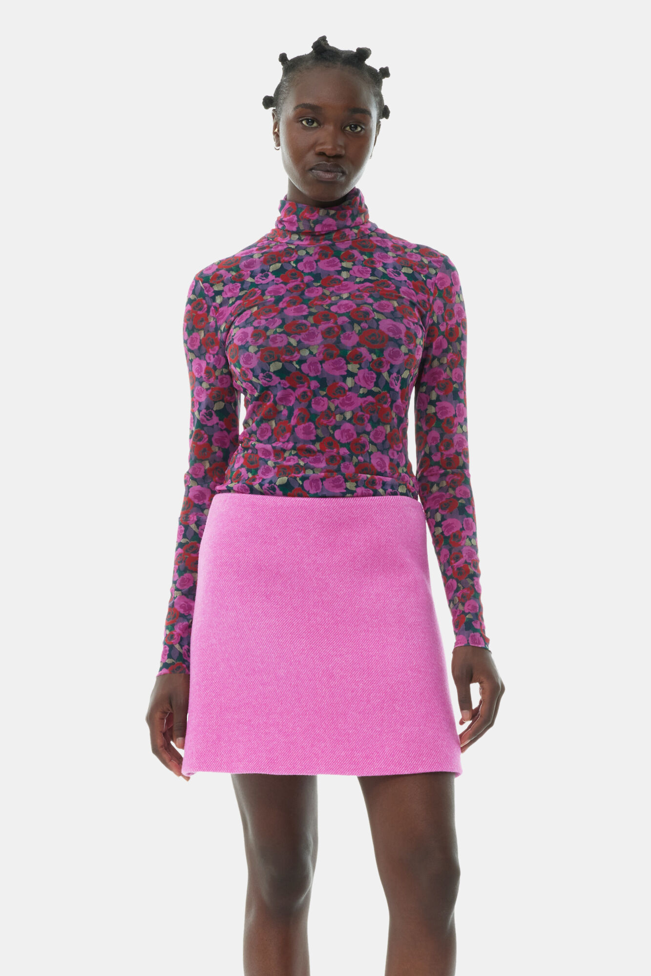 Floral Mesh Long Sleeve Roll Neck Bluse, Recycled Nylon, in colour Fiji Flower - 1 - GANNI