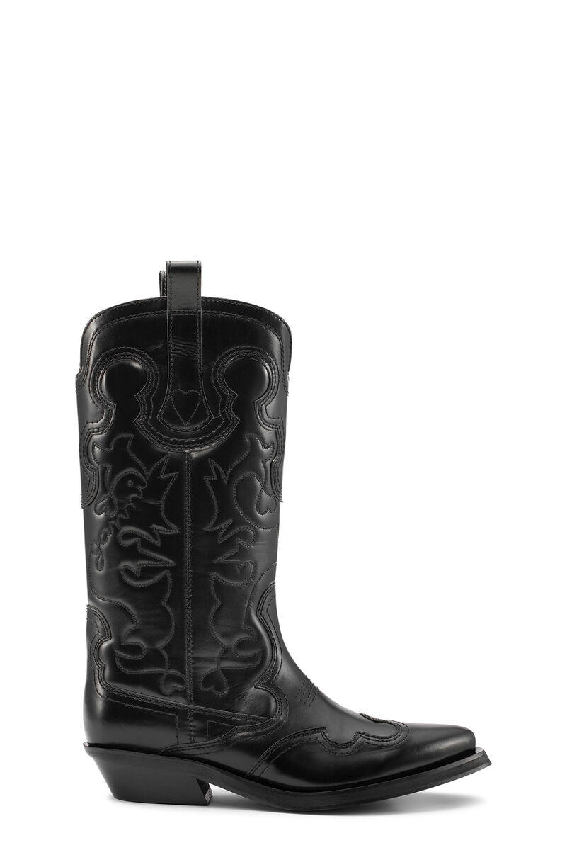 Black Mid Shaft Embroidered Western Boots, Calf Leather, in colour Black/Black - 1 - GANNI