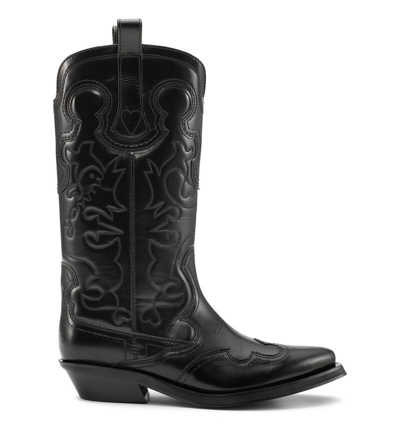 Black Mid Shaft Embroidered Western Boots, Calf Leather, in colour Black/Black - 1 - GANNI