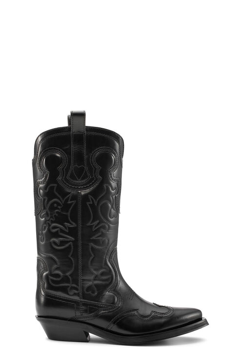 Ganni Low Shaft Embroidered Western Boots In Black