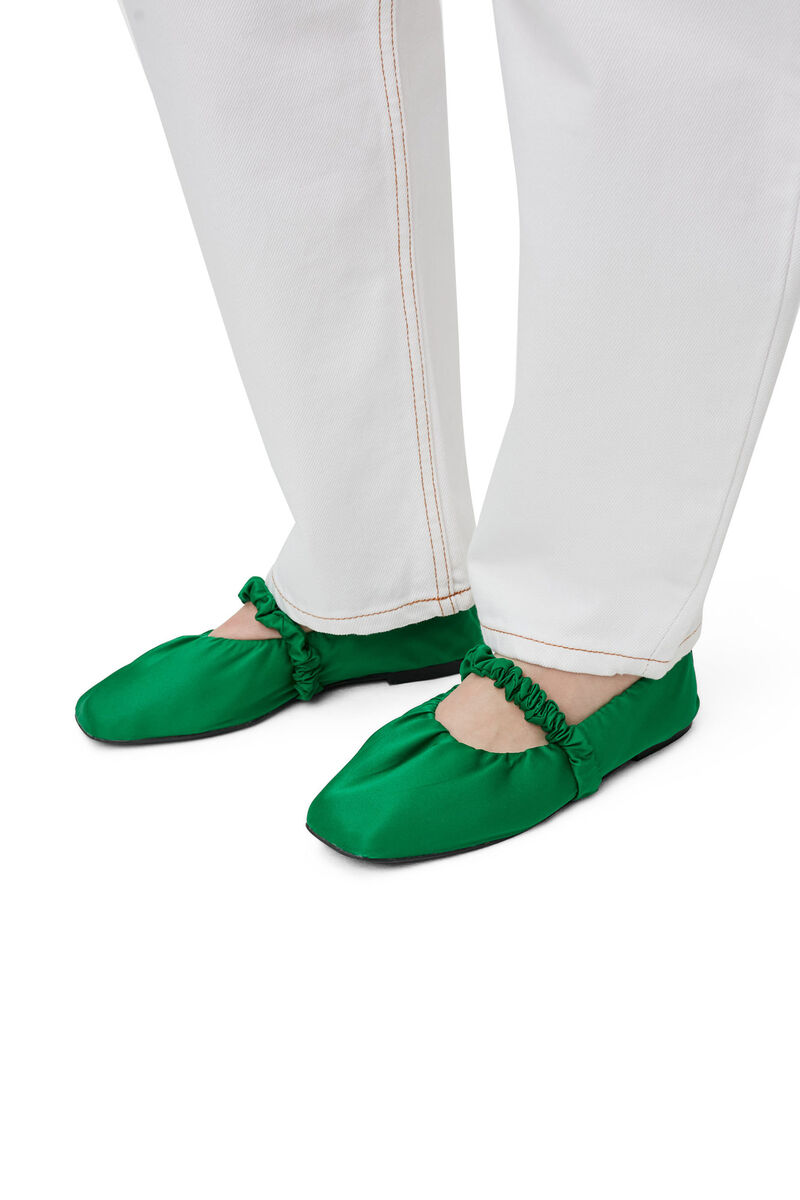 Scrunchie Satin Ballerinas , Polyester, in colour Kelly Green - 4 - GANNI