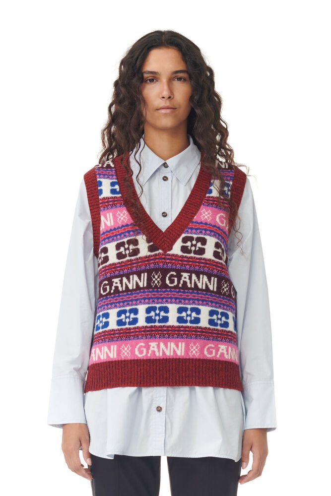 GANNI Pink Logo Wool Mix Vest,Multicolour
