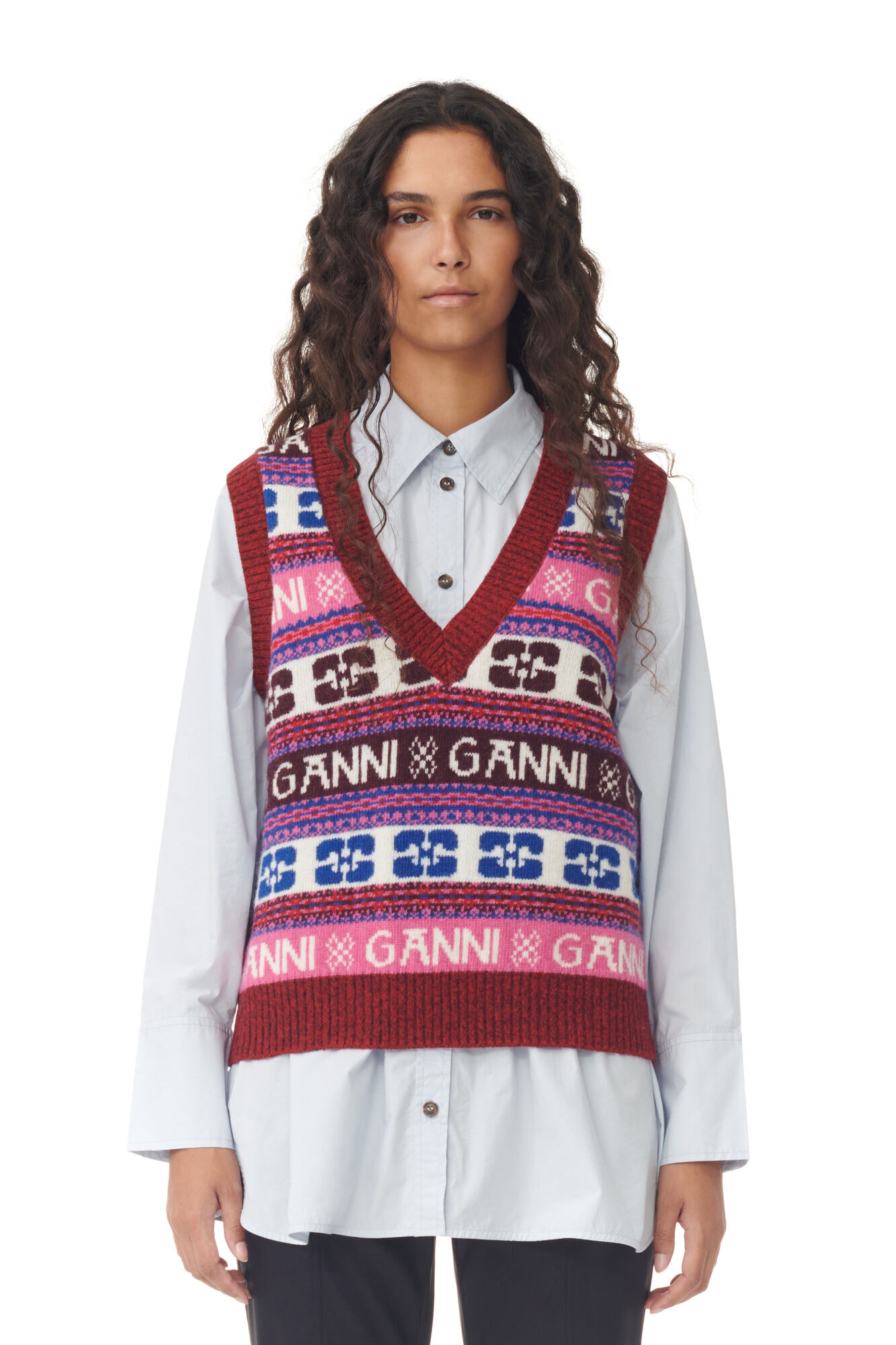 Pink Logo Wool Mix Vest, Recycled Polyamide, in colour Multicolour - 1 - GANNI