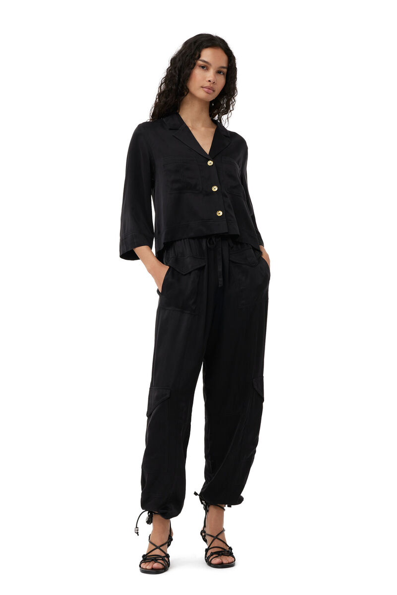 Black Washed Satin Pocket Trousers, Cupro, in colour Black - 1 - GANNI