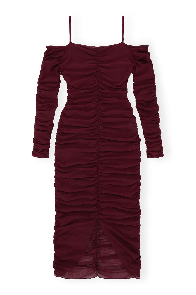 GANNI X ESTER MANAS Mesh Off Shoulder Gather Dress, Recycled Nylon, in colour Port Royale - 1 - GANNI