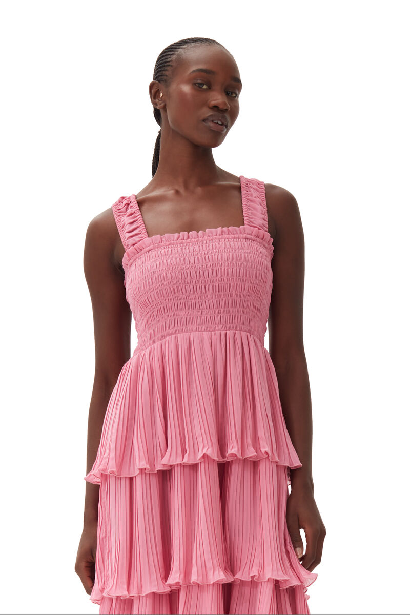 Pink Pleated Georgette Flounce Smock Midi Kleid, Recycled Polyester, in colour Orchid Smoke - 2 - GANNI