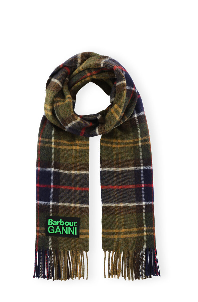 GANNI x Barbour Wool Tartan Scarf, Wool, in colour Dark Green - 1 - GANNI