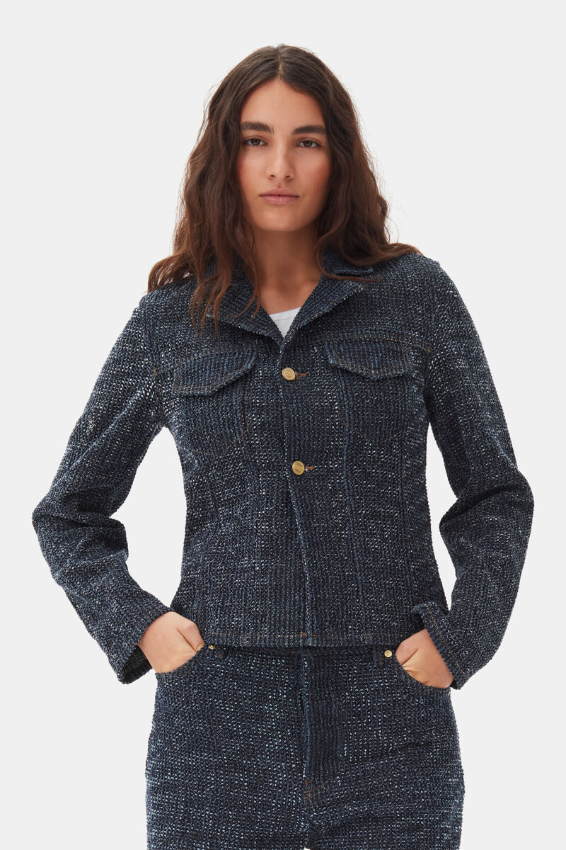 Blazer en denim duveteux bleu foncé, Cotton, in colour Rinse - 1 - GANNI