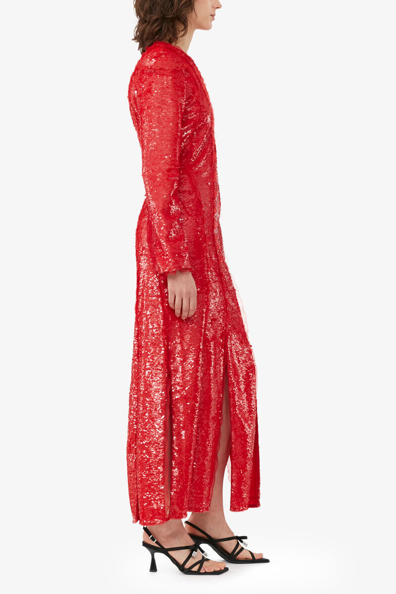 Red Sequins Maxi Dress, Recycled Polyester, in colour Fiery Red - 2 - GANNI