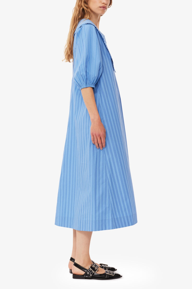 Re-cut Striped Cotton V-Neck Maxi Dress, Organic Cotton, in colour Silver Lake Blue - 3 - GANNI