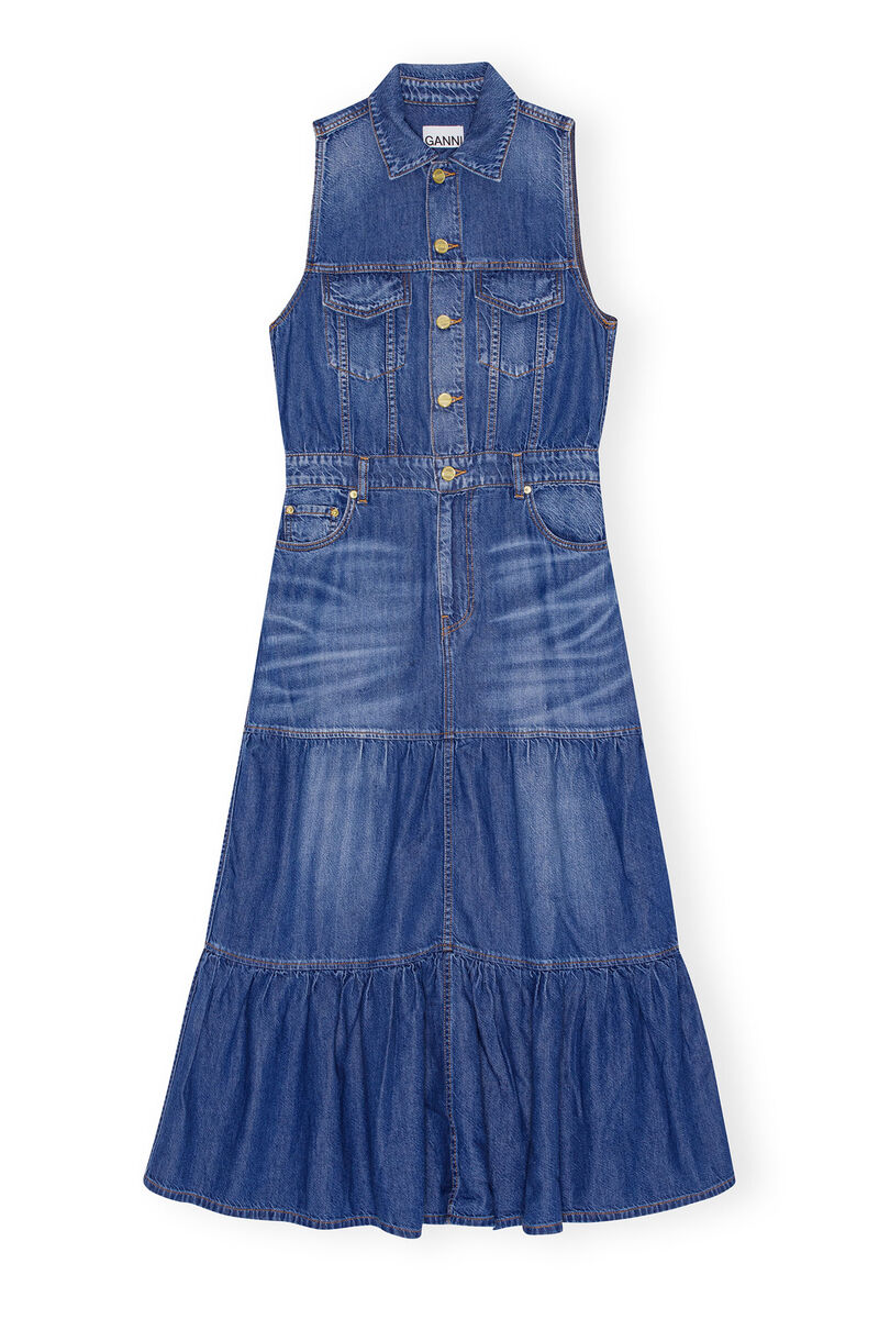 Blue Denim Long Kleid, Lyocell, in colour Mid Blue Vintage - 1 - GANNI