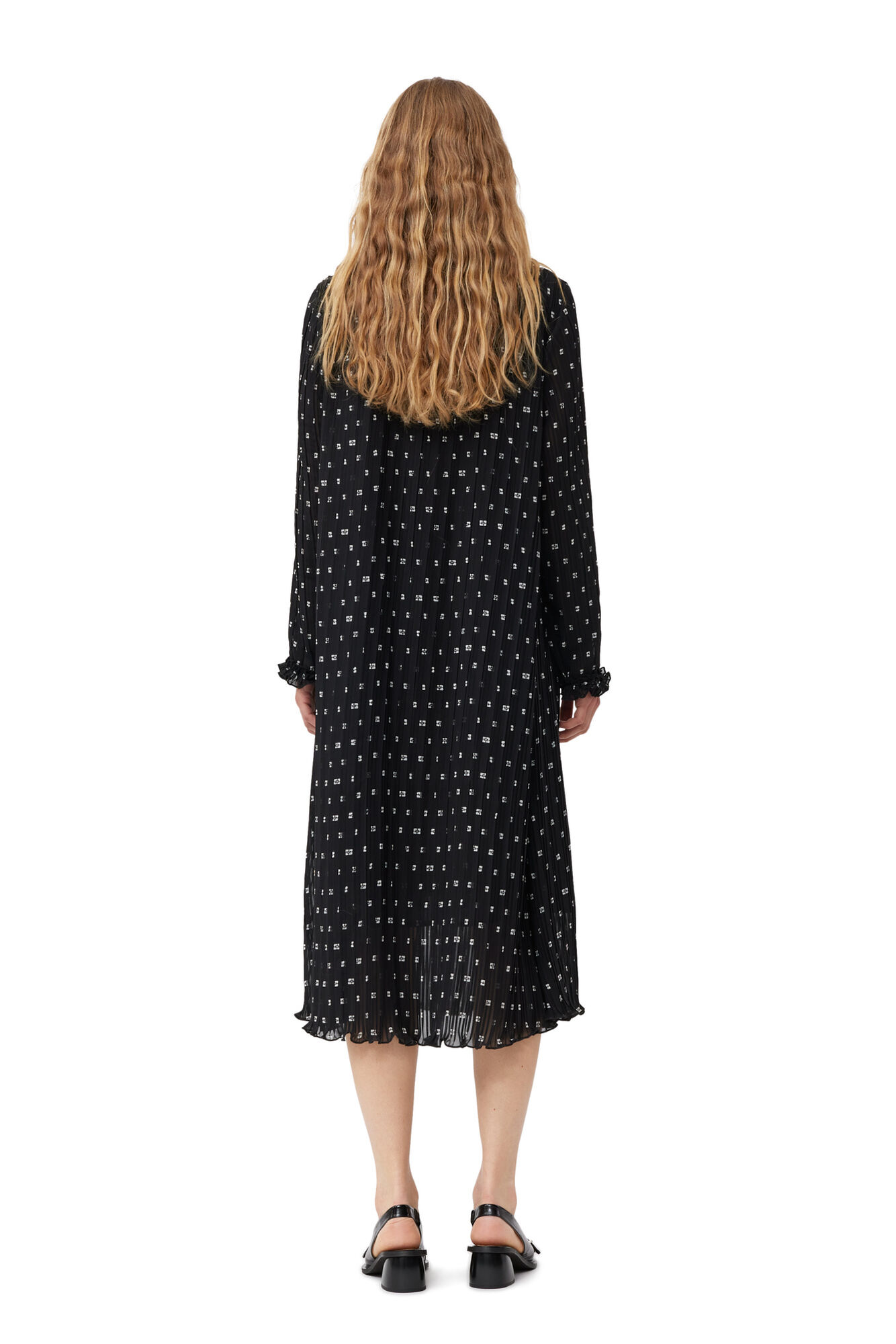 Black Pleated Georgette Midi klänning, Recycled Polyester, in colour Black - 2 - GANNI