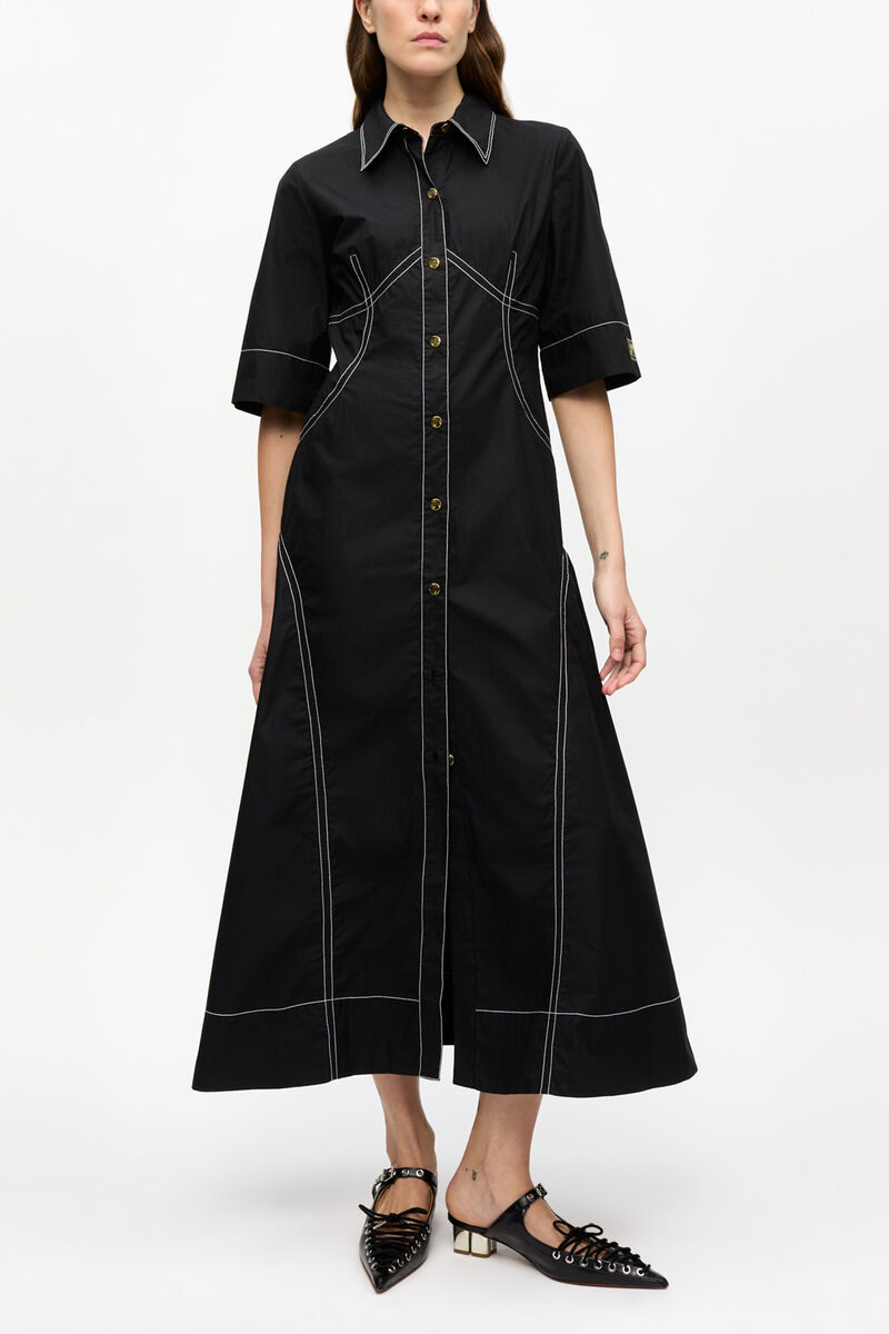 Black Cotton Poplin Shirt Dress, Organic Cotton, in colour Black - 2 - GANNI