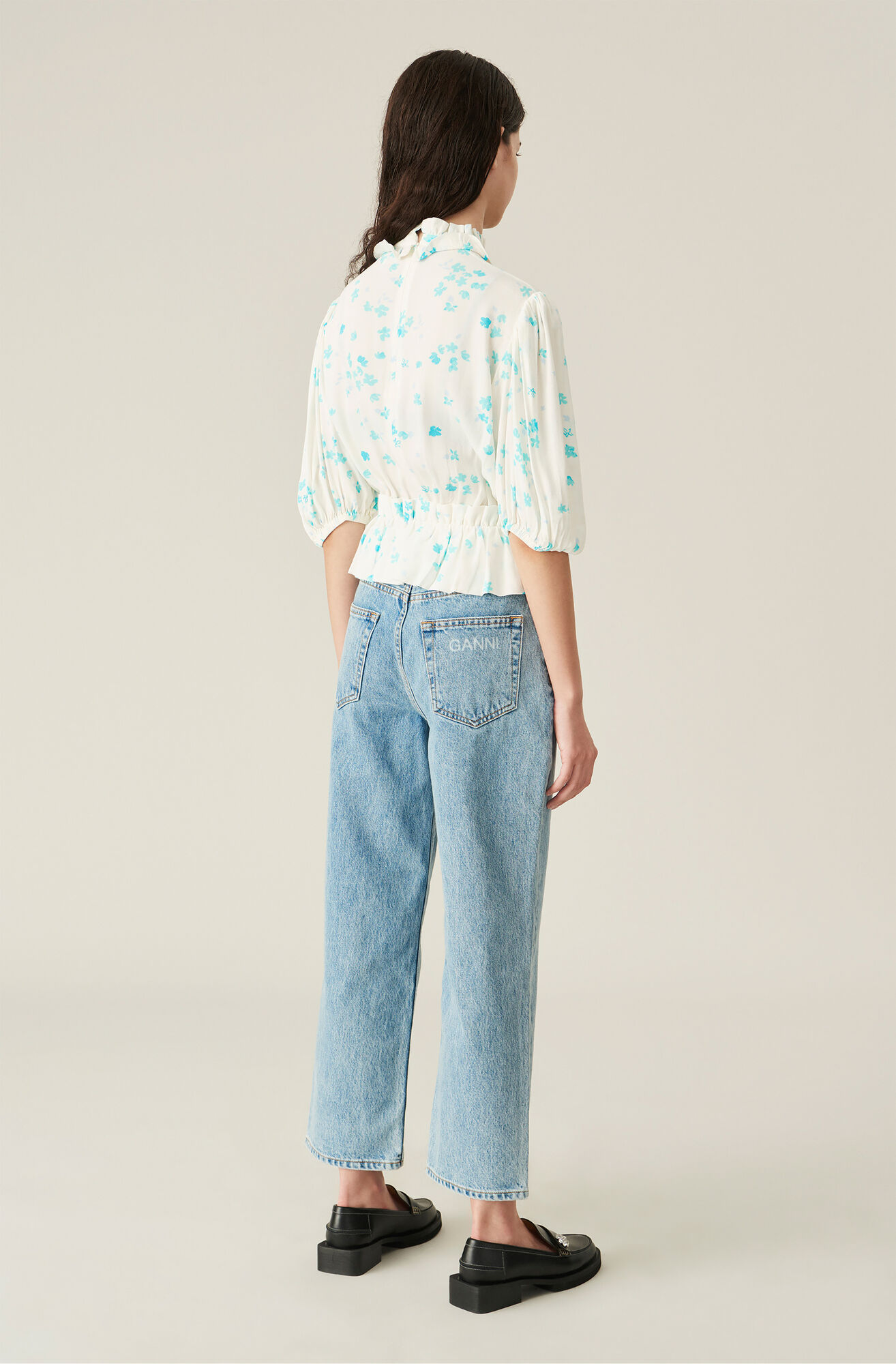 Classic Denim High-waisted Cropped Jeans, Cotton, in colour Washed Indigo - 2 - GANNI