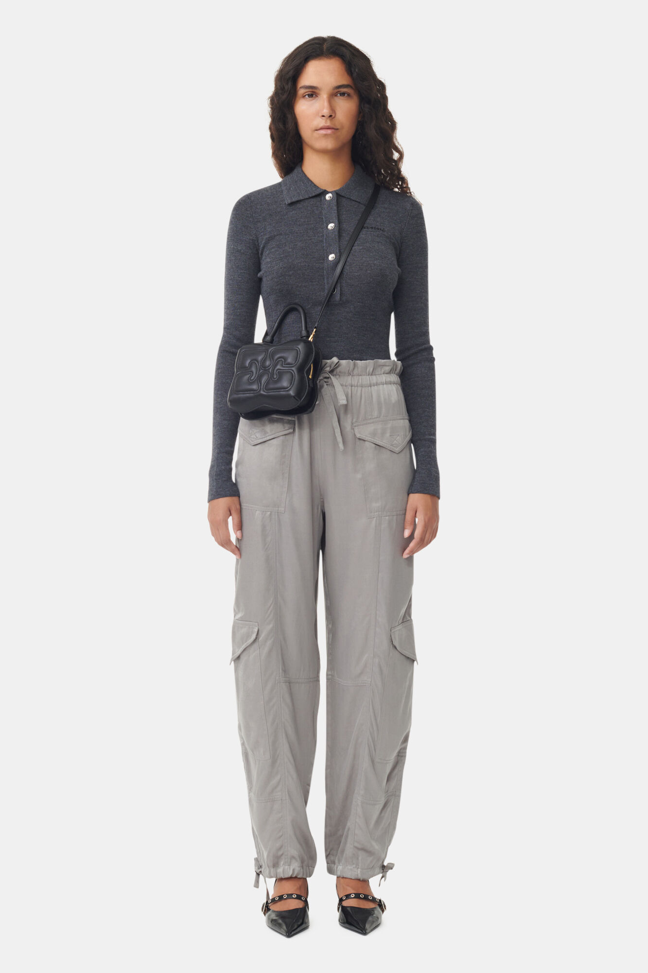 Black Small Butterfly Top Handle Bag, Polyester, in colour Black - 1 - GANNI