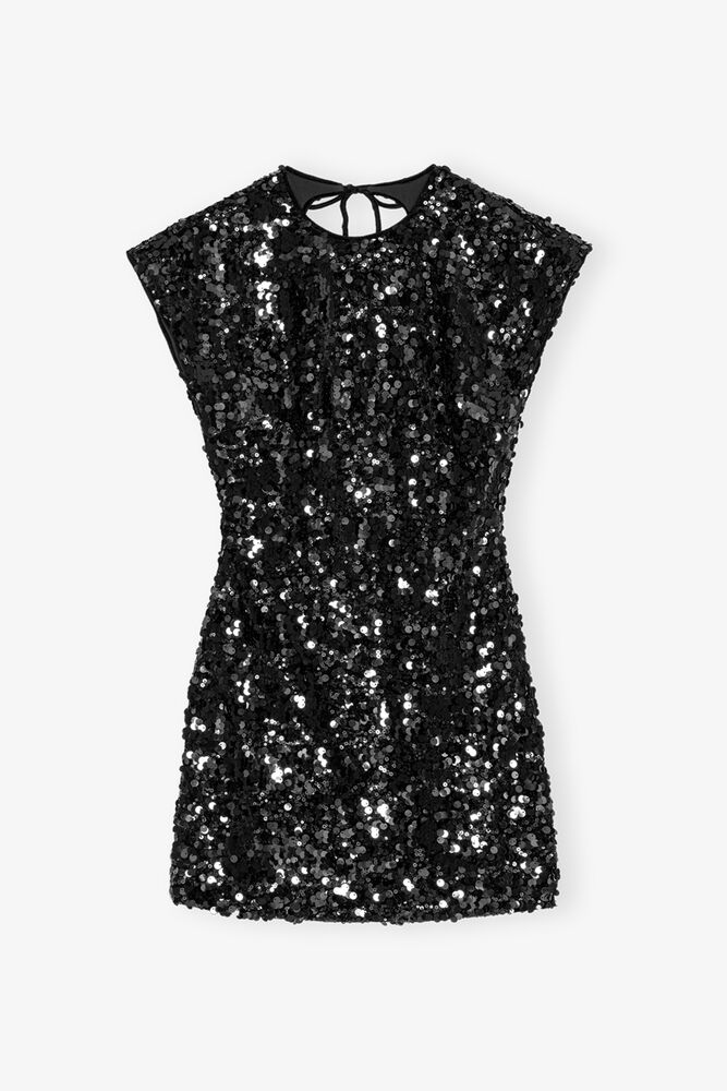 Black Velvet Sequins Mini Dress, Black