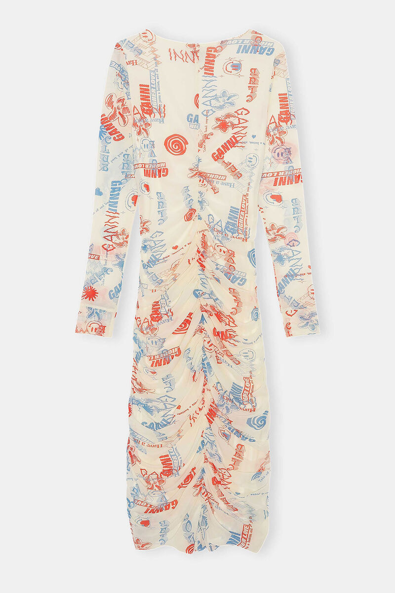 Ruched Mesh Midi Dress, Nylon, in colour Egret - 2 - GANNI