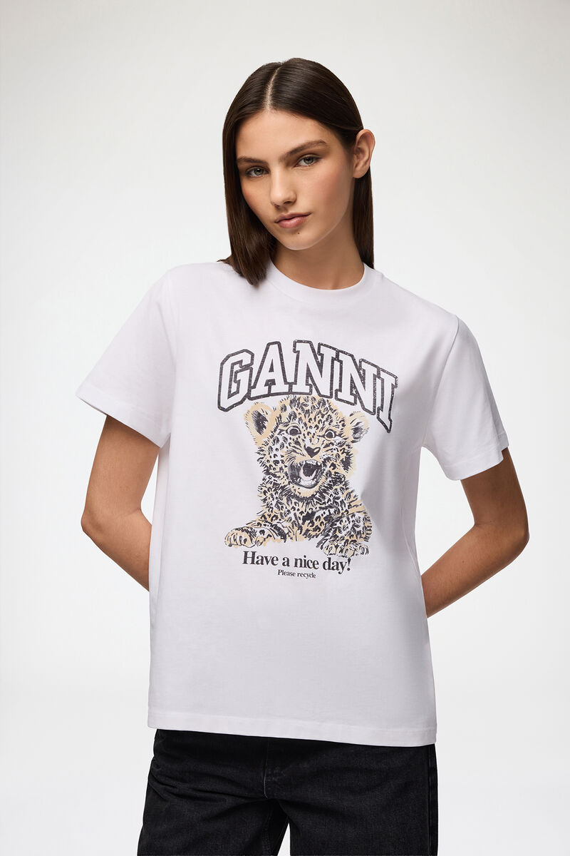ホワイトのベーシックジャージー レオパード柄リラックスフィットTシャツ, Organic Cotton, in colour Leopard - 1 - GANNI