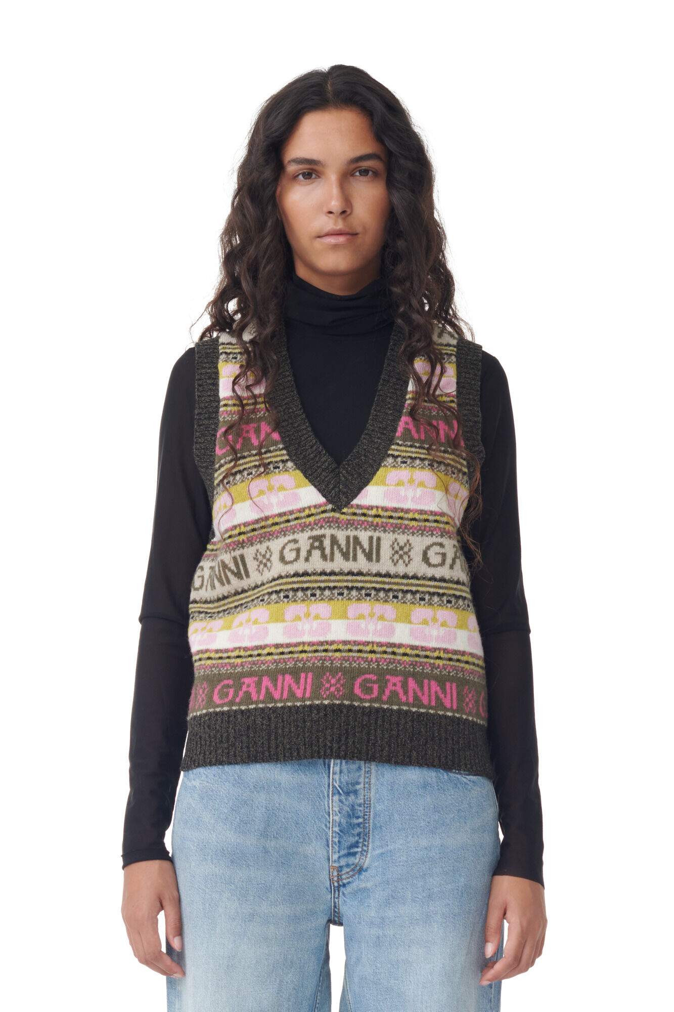 Green Logo Wool Mix Vest, Recycled Polyamide, in colour Kalamata - 1 - GANNI
