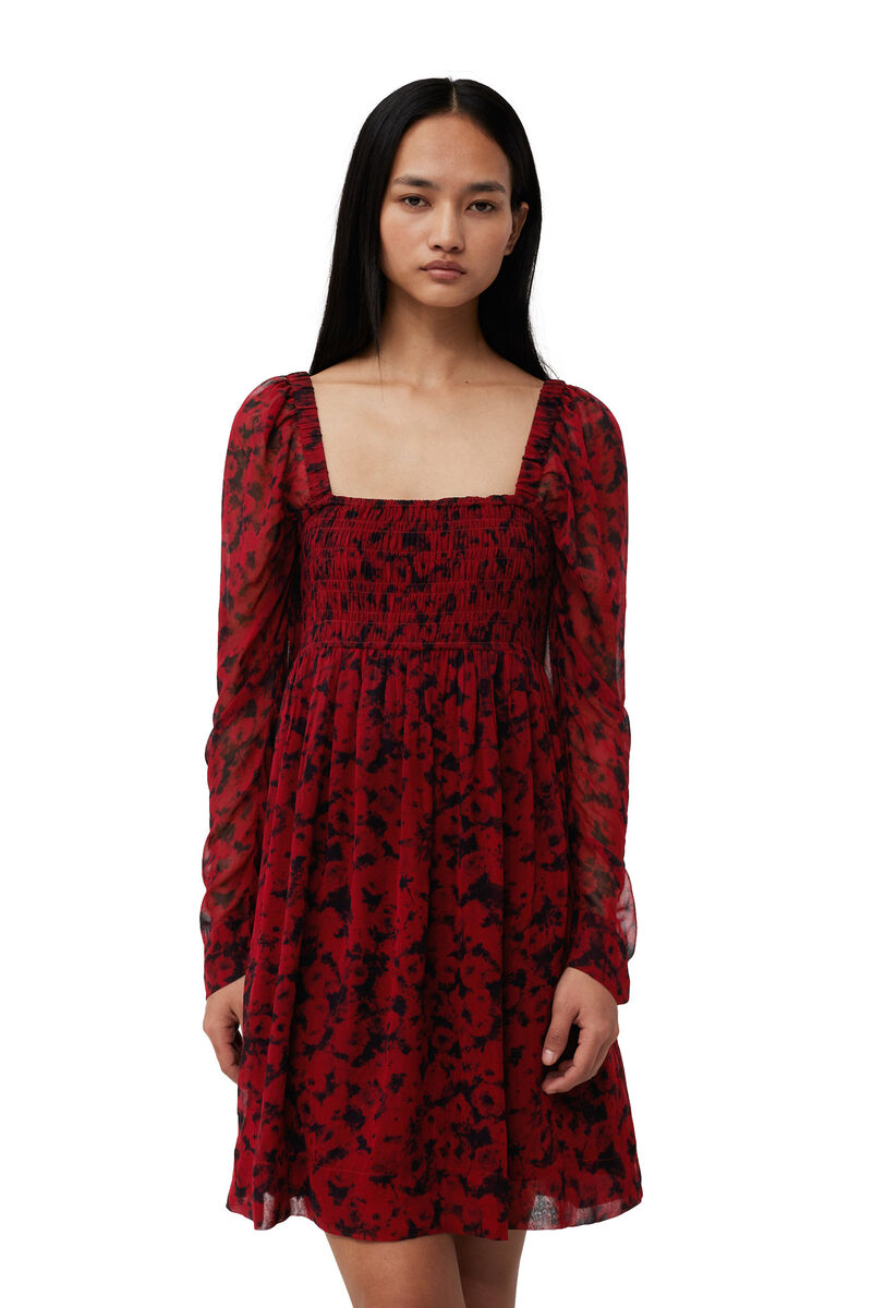 Red Printed Georgette Mini Kleid, Viscose, in colour Syrah - 2 - GANNI
