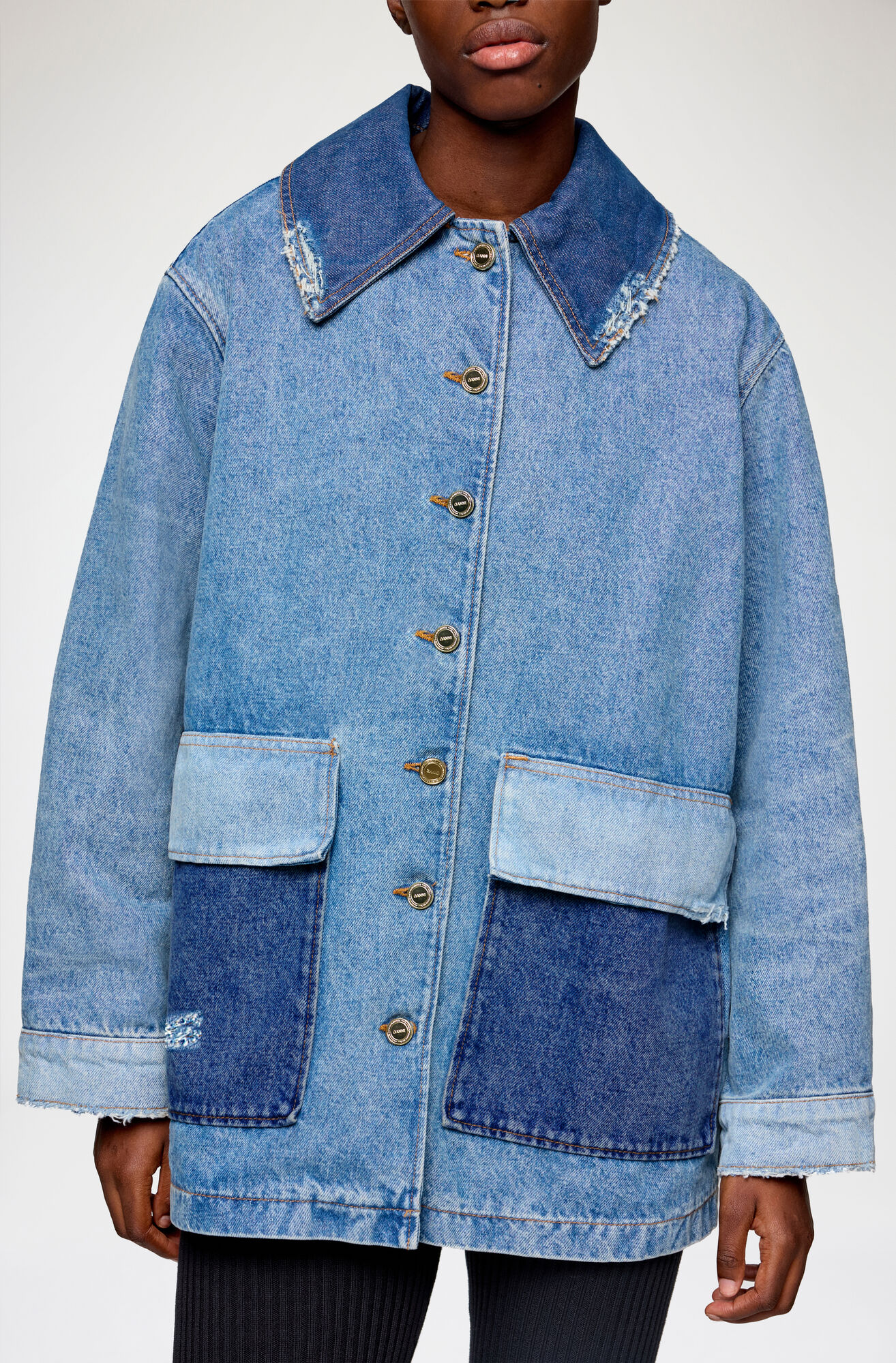 Jacket in Patchwork Denim, Organic Cotton, in colour Mid Blue Vintage - 3 - GANNI