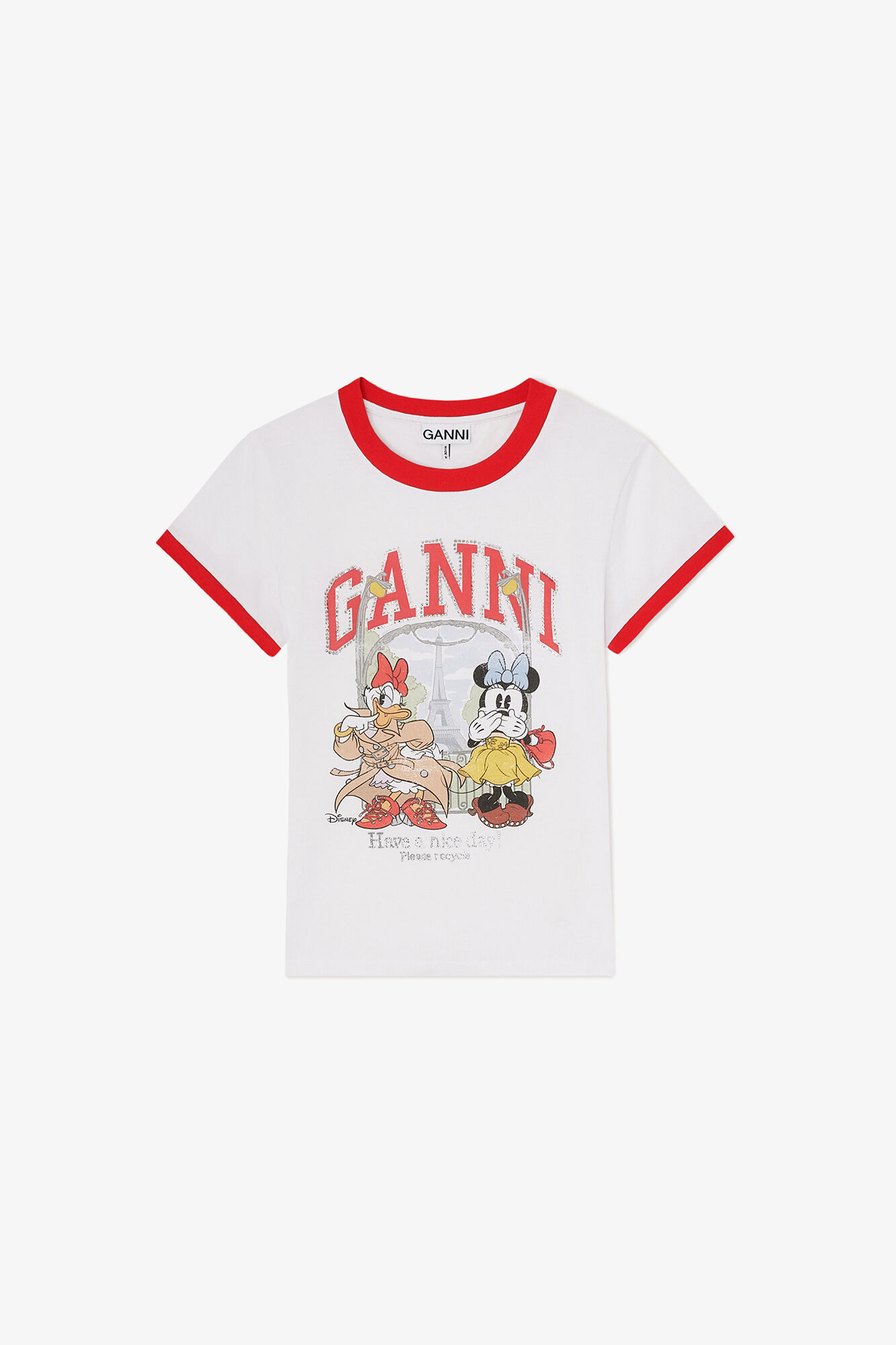 GANNI × Disney デイジーダック コラボ T シャツ 白 S Baby Fit T-shirt with Minnie Mouse & Daisy Duck | GANNI US