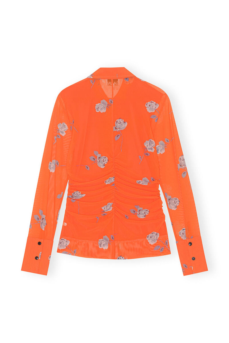 Orange Printed Mesh Ruched Shirt, Recycled Nylon, in colour Orangeade - 2 - GANNI