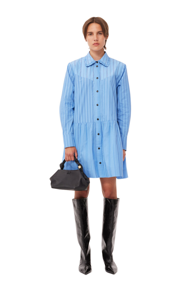 Re-cut Striped Cotton Mini Shirt Dress, Cotton, in colour Silver Lake Blue - 1 - GANNI