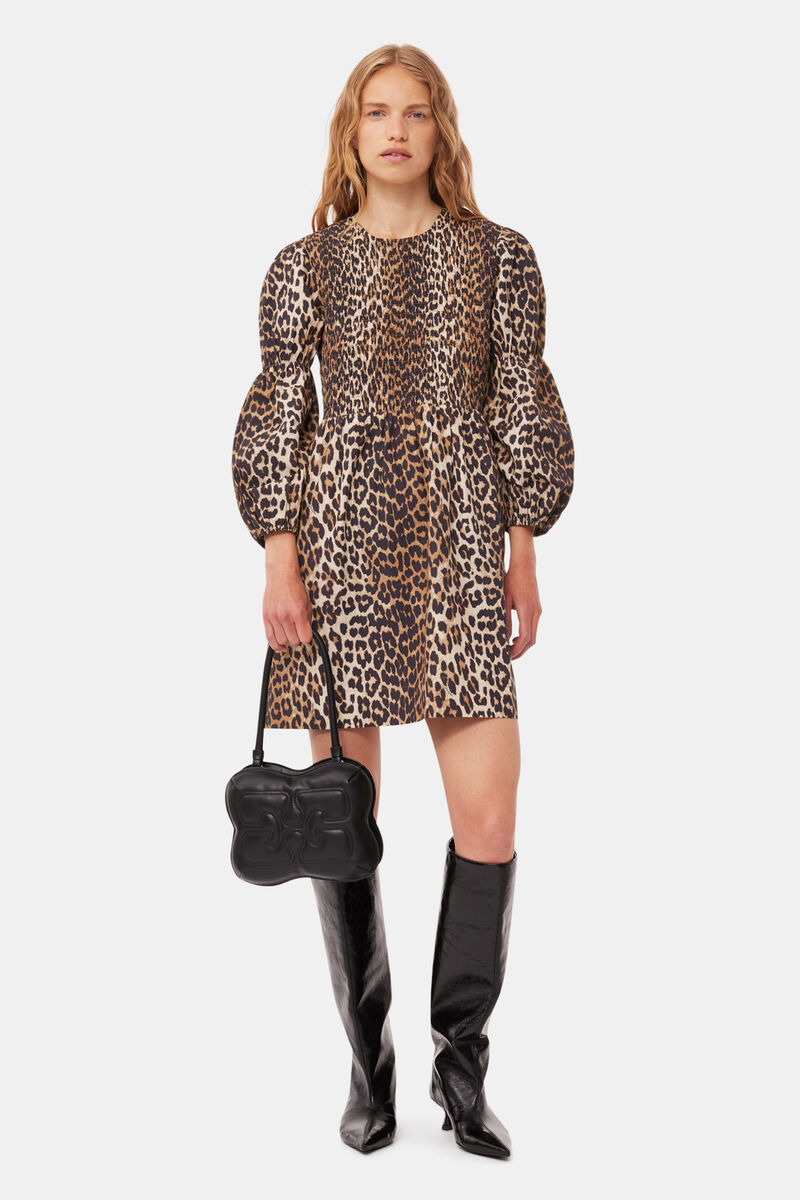 Leopard Cotton Poplin Smock Mini Dress, Cotton, in colour Leopard - 1 - GANNI